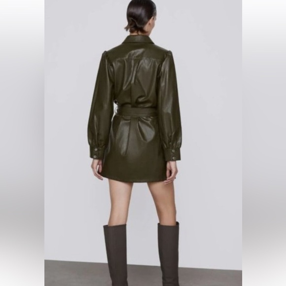 NWT ZARA Khaki Faux Leather Button Down Mini Dress - Picture 9 of 16